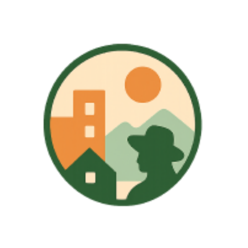 AuthentiCity logo: a man silhouette, buildings, mountains and the sun