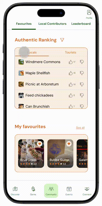 Screen recording showing the community tab, filters and favourites.