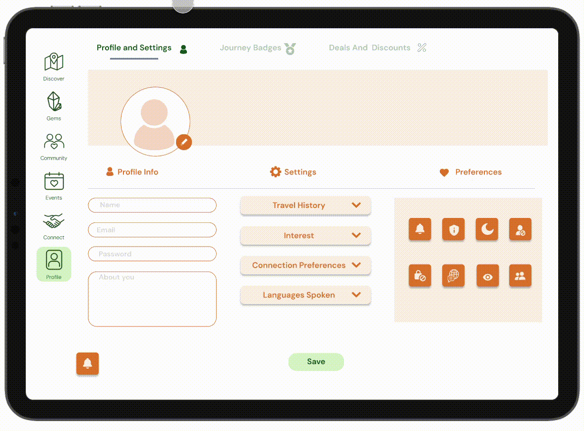 Screen recording showing profile tab, journey badges and discounts.