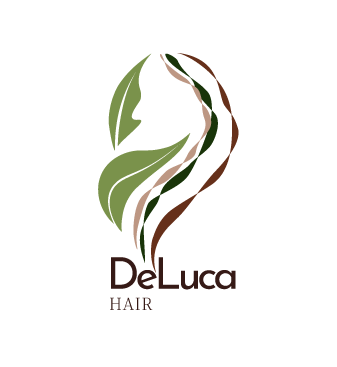 DeLuca logo: woman face using negative space - leaf and hair strings