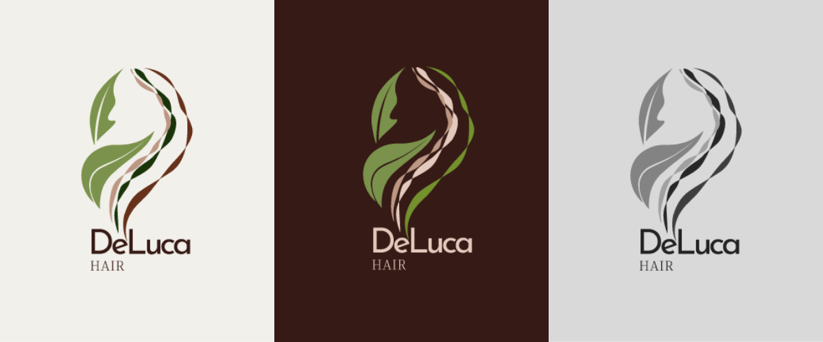 DeLuca logo in three different colour variations: normal, dark background and greyscale