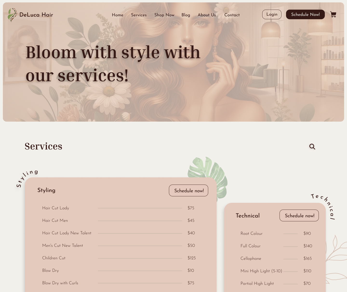 New Services page of DeLuca Hair.