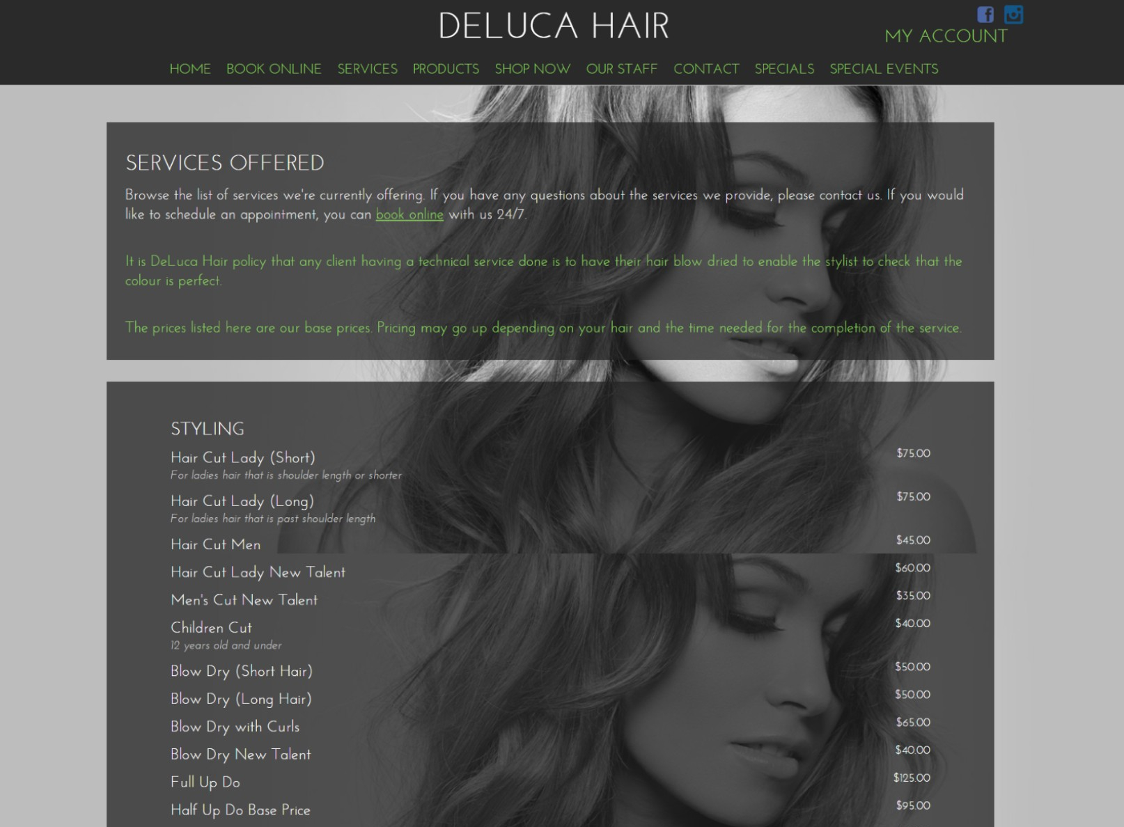 Previous Services page of DeLuca Hair.